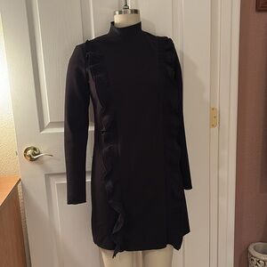 Zara Black Long Sleeve Asymmetrical Ruffled Sheath Dress